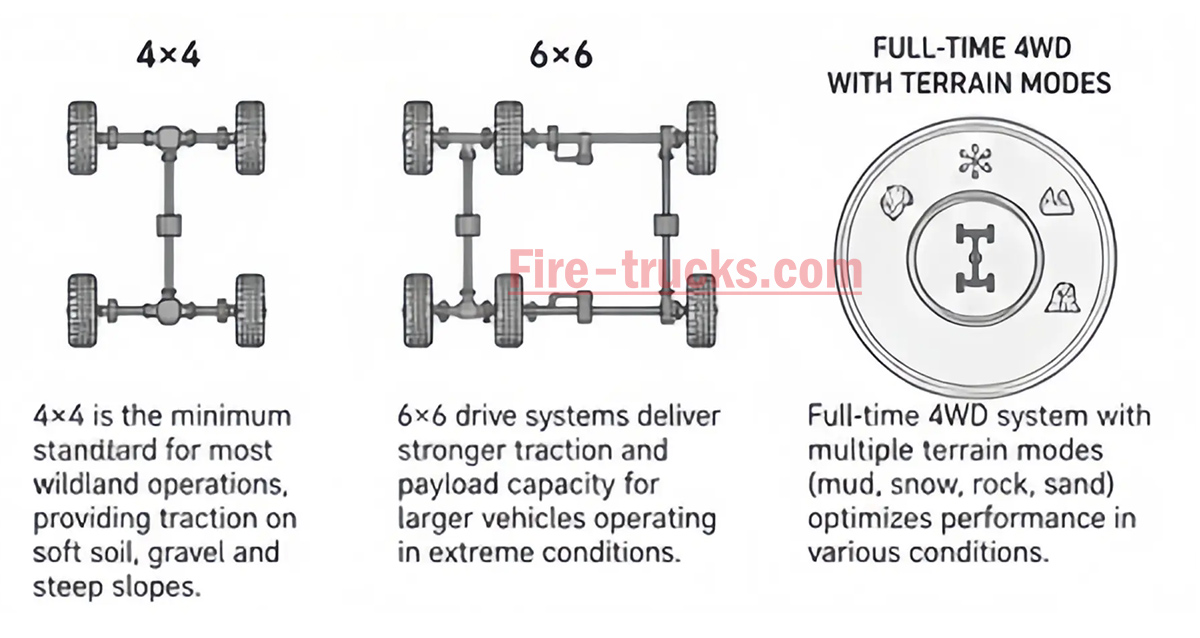 wildland fire truck chassis structure, 4x4 fire truck drivetrain, differential lock location, fire truck ground clearance diagram